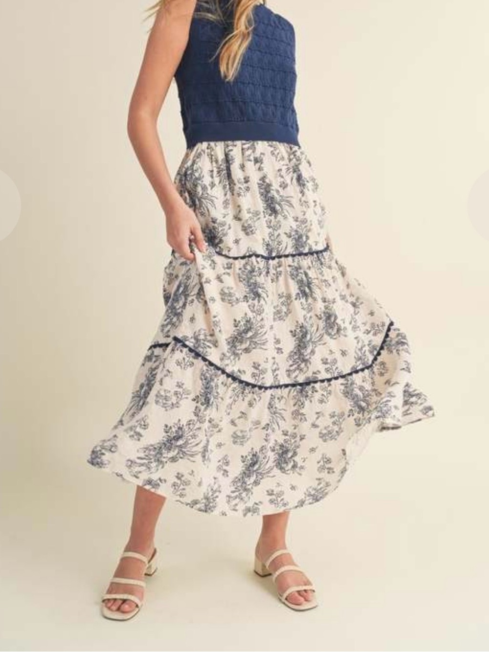 & Merci Knit Print Combo blue & cream Toile dress -